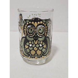 Vintage Libbey Stained Glass Tumbler Green Brown Owls